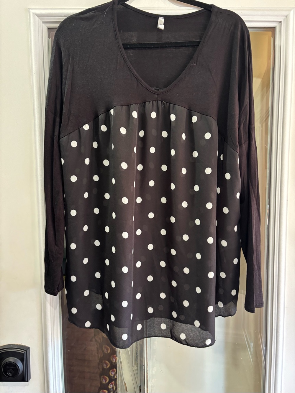 Acting Pro Black Long Sleeve V-Neck Top with White Polka Dot Panel
